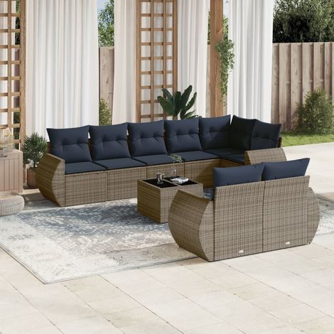 9-teiliges Gartensofa-Set mit Kissen, grau, Polyrattan (1/5)