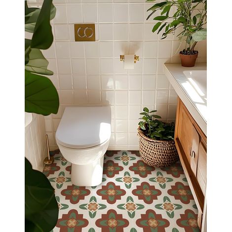 JSSEVN - Adhesive Kitchen Splashback with Green Flowers, Adhesive Wall Tiles, Waterproof PVC Bathroom Tile Stickers, 10 Pieces (30x30cm) (1/4)