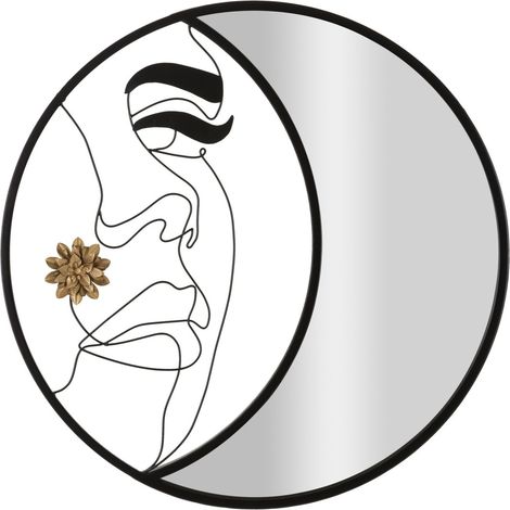 Specchio da parete Melly tondo in ferro nero con volto disegnato 80 cm