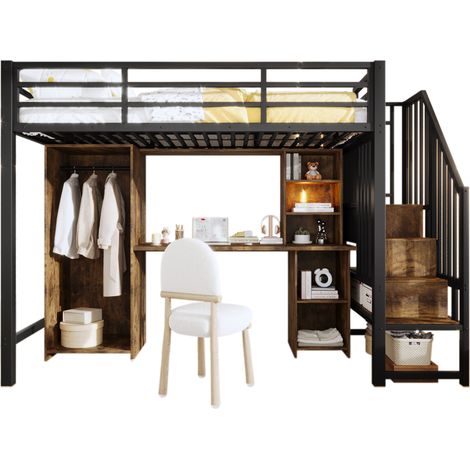 Lit mezzanine métal 90x200 cm, bureau, armoire, escalier rangement noir