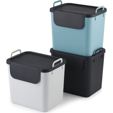 Mülltrennsystem Set de 3 poubelles de tri 30l pour la cuisine, Plastique (PP recyclé), gris foncé/blanc/turquoise, 3 x 30l (39.8 x 29.8 x 50.1 cm) (1/2)