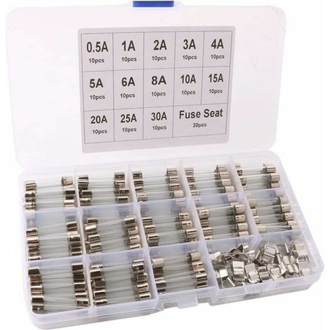 Kit di fusibili a tubo di vetro a rottura rapida per auto professionali da 150 pezzi 6X30 mm: 130 fusibili a tubo di vetro a rottura rapida + 20 sedi per fusibili, con scatola di plastica trasparente