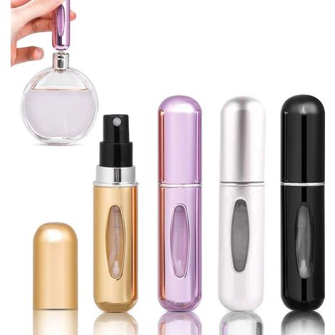 Lot de 4 vaporisateurs de parfum de voyage rechargeables de 5 ml avec fenêtre, parfaits pour les sacs à main, les voyages, les vacances et les voyages en avion. (1/4)