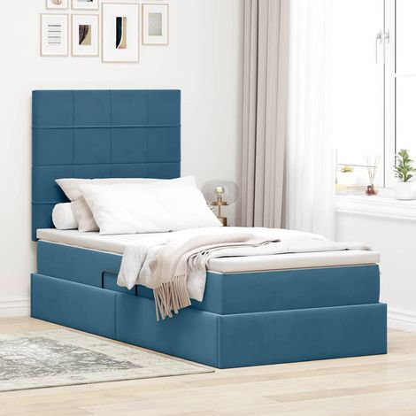 Cama con almacenamiento y colchón Azul Oscuro 90 x 190 cm