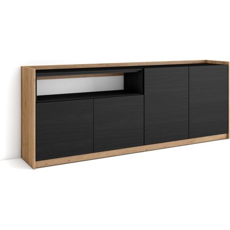 Skraut Home - Buffet salon et cuisine, Commode, 207x37x80cm, 4 Portes, Meuble chaussure, Noir et chêne (1/5)