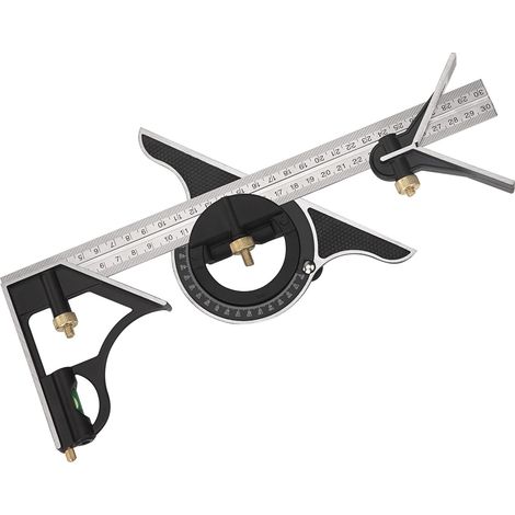 Metal Combination Square Multi-function Carpentry Ruler Combination Angle Ruler with Zero Level Protractor Straight Head 300mm (1/5)