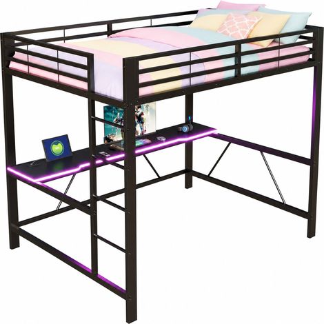 Lit mezzanine gaming 160x200 en métal avec bureau, LED multicolore, port USB, rangement et sécurité renforcée pour chambre ado, noir - CHICFURN (1/5)