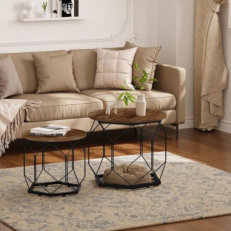 WOLTU Set of 2 Coffee Tables with Round Table Top. Sofa Table with Hollow Metal Frame. Living Room Table with Storage Space. Made of Wood Material Metal. Wood Look Vintage + Black (1/5)