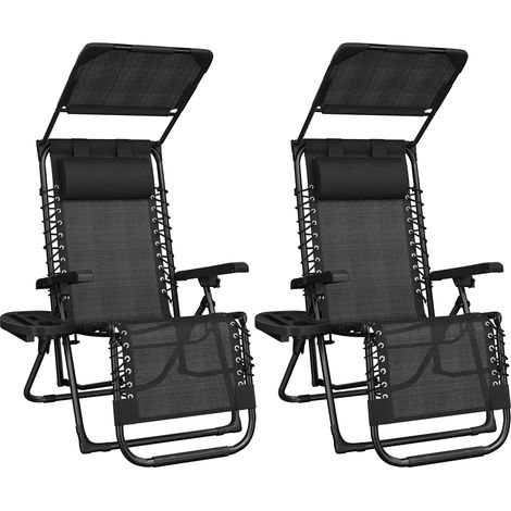 Homevive Silla Reclinable de Gravedad Cero con Toldo Tumbona Plegable de Camping con Reposacabezas Portavasos Negro