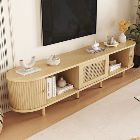 Meuble TV 180x40x40 cm avec rangements portes coulissantes tiroirs niches moderne en MDF naturel
