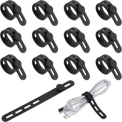 Bridas de silicona resellables para cables - 12 unidades, negras, ajustables, para teléfono móvil, reutilizables, multifuncionales (1/5)