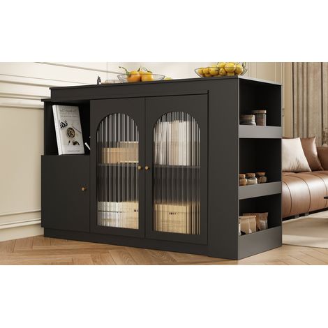Bar tournant 360° noir avec rangement et portes en verre, meuble bar multifonction avec étagères, buffet de cuisine moderne en MDF (1/5)