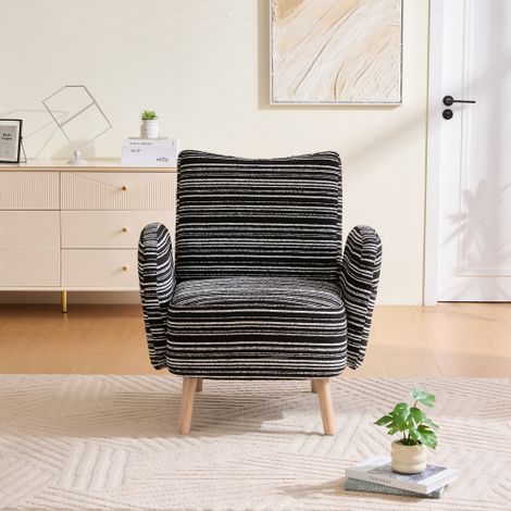 Fauteuil moderne, tissu texturé, avec poche de rangement latérale, pieds en bois massif — Une chaise de lecture confortable pour le salon, la chambre ou le bureau (Bouclé noir) (1/4)