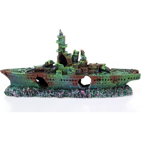 Décoration d'aquarium sur le thème d'une épave, avec de vraies plantes aquatiques et un fond représentant une épave de navire de guerre vert (23 x 5 x 11 cm, 1 paquet). (1/3)