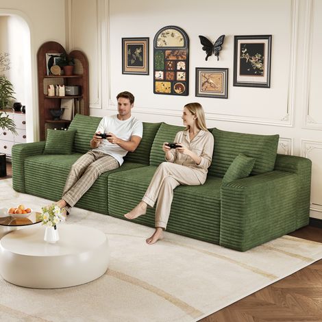 Canapé Convertible 4 places en velours côtelé vert, Canapé d'Angle Moderne avec module modulaire, assise moelleuse, design minimaliste, montage non requis, sans armature (1/5)