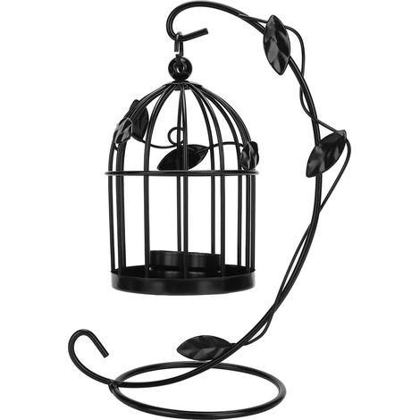 Retro Hollow Out Bird Cage Iron Hanging Candle Holder Candlestick Lantern Home Decor (Black)