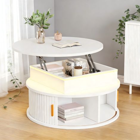 Table basse 75x75x52cm réglable en hauteur, table de salon ronde avec LED, table d'appoint à 2 portes coulissantes, meuble blanc brillant avec rangement caché (1/5)