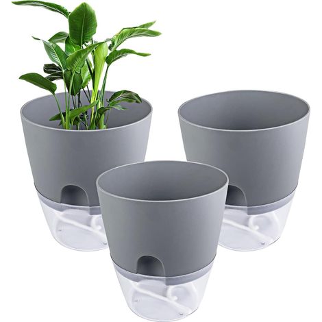 Jardinières 3 pièces Grises 15,3cm, Pots à Réserve d'Eau avec Arrosage Auto, Vases Autoportants Transparents à Mèche pour Balcon et Intérieur (1/5)