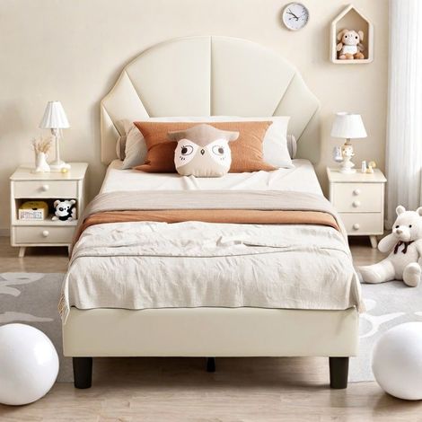 Bett Kind 90x200 cm mit Lattenrost, gepolstertes Einzelbett, Mädchenbett mit höhenverstellbarem Kopfteil, Samtstoff, Beige