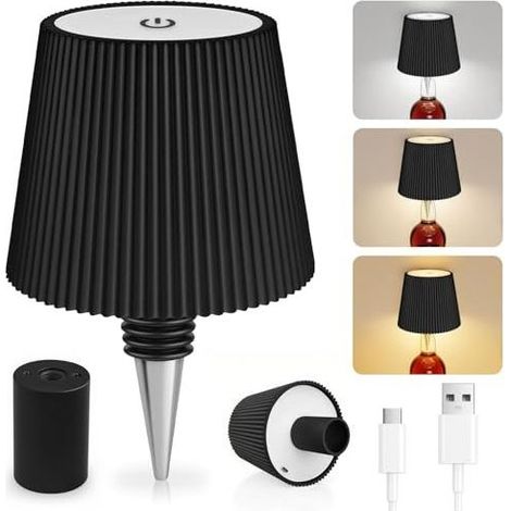 Lampe à poser bouteille sans fil 3 modes de température Protection IP54 Autonomie 8-12h Chargement USB Type-C Lampe décorative noire (1/5)
