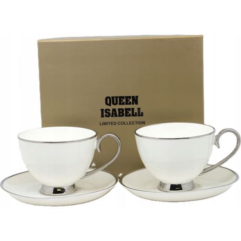 Juego de 2 tazas de porcelana blanca con detalles plateados como regalo. (1/5)