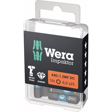 Wera 10x Bit 840/1 IMP DC 6 mm longitud 25 mm 1/4" C6,3 Impaktor DC - 5157606001