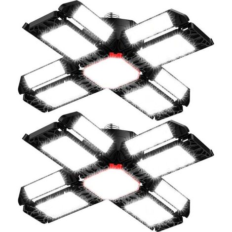LED Lampe d'atelier Eclairage de garage 2 PCS,Plafonnier déformable avec 12 Panneaux Réglables - E26 / E27 Bay Light pour cave magasin atelier (1/4)