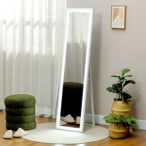 Espejo rectangular grande de cuerpo entero, de pared o de pie, de 40 x 160 cm con iluminación LED de 3 colores, blanco.