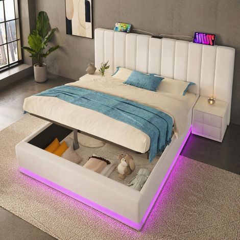 CHICFURN Letto contenitore 160x200 cm in PU bianco con LED, app e USB-C, senza materasso (1/5)