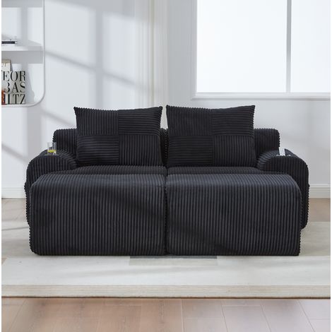 Divano modulare a 2 posti 200x174x80 cm, con portabicchieri e tasca laterale, tessuto corduroy nero (1/5)