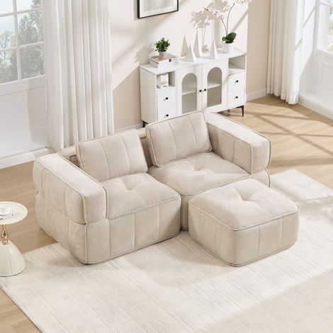 Canapé d'angle 2 places modulable sans structure, avec pouf, mousse dense 32D, assise spacieuse, revêtement coton doux, base anti-glisse, idéal petit espace salon et appartement, teinte sable. (1/5)