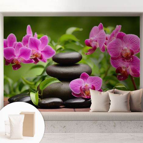 Tapete Vliestapete mit Kleber - trendige Wanddeko - elegant Fototapete für Wohnzimmer - Schlafzimmer Orchideen und Steine 208x146 cm (1/5)