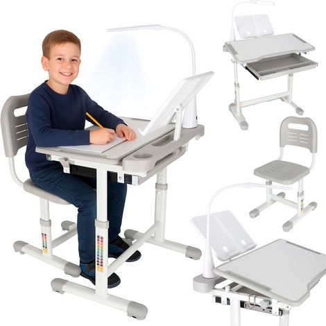 Escritorio infantil con cajón, silla y lámpara - Gris