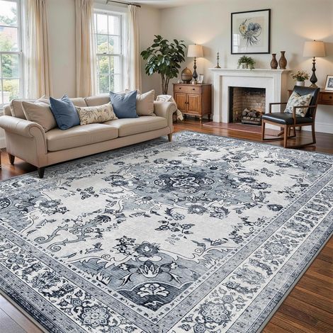 Grand Tapis Vintage Salon 200x300 cm - Tissu Ras Court Doux, Lavable en Machine et Antidérapant, Tapis Oriental pour Salle à Manger, Chambre à Coucher et Chambre d'enfants,Gris-Bleu Vintage (1/5)