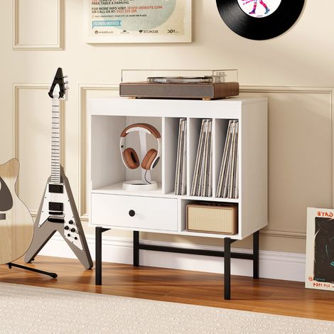 Grand Support pour Platine Vinyle Meuble de Rangement Vinyles Style Mid Century Moderne avec Compartiments Ouverts Porte-Album Blanc (1/5)