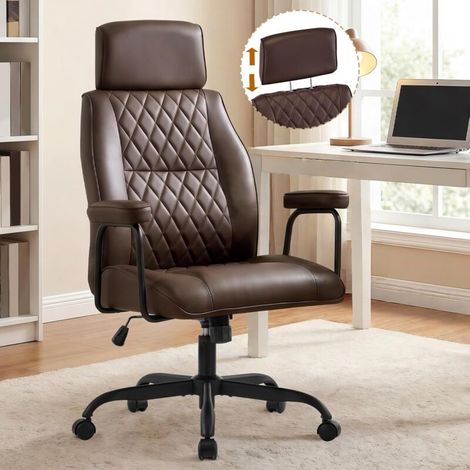 Fauteuil de bureau ergonomique avec appui-tête réglable, en cuir PU, avec dossier inclinable et hauteur réglable, pivotant, marron foncé (1/4)