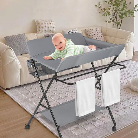 Aqrau Table à langer Table de soin des couches bébé multifonctionnelle pliable installation gratuite Gris (1/5)