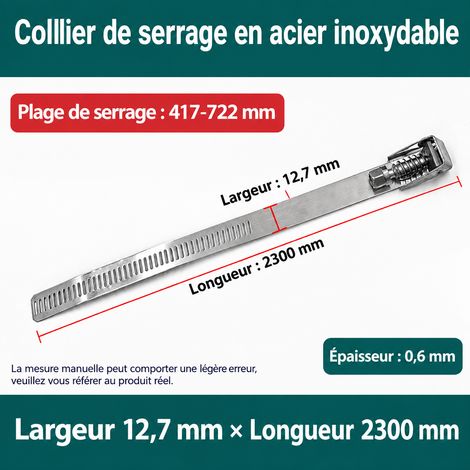 Collier de serrage déverrouillable en acier inoxydable 304 2300 × 12,7 × 0,6 mm serrage 417-722 mm 2300 417-722mm 2 × 2 × 2 cm 125 g – Livraison gratuite