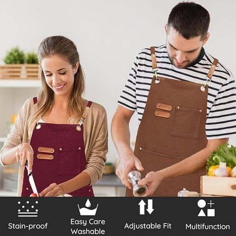 Schürze aus Segeltuch, Unisex-Arbeitsschürze, Kochschürze, mit verstellbaren Trägern und 3 Taschen, gekreuztes Trägerdesign. (1/3)