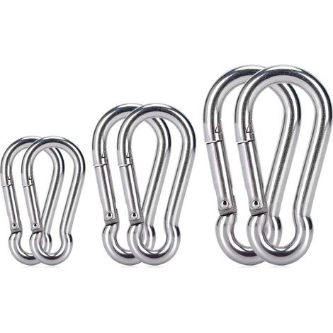 Lot de 6 mousquetons à ressort en acier inoxydable 304 de qualité supérieure, robustes et de tailles assorties (5, 6 et 8 cm), parfaits pour le camping, la pêche, la randonnée, les voyages, les sacs à (1/5)