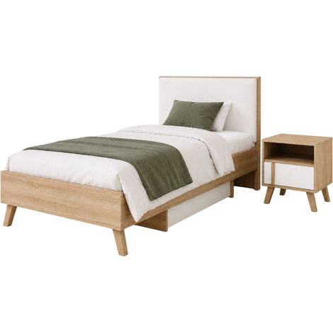 Ensemble chambre enfant MALMO avec lit 90x200 et chevet – Chêne clair et blanc (1/5)