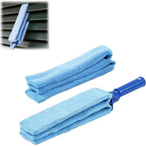 Brosse à poussière pour stores et fenêtres + chiffon de rechange : manchon en microfibre – Outil polyvalent pour stores, grilles d’aération, ventilateurs, aérations de voiture – Nettoyant multi-usages