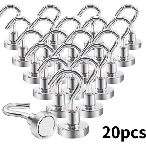 Ganchos magnéticos de neodimio - juego de 20 - capacidad de carga de hasta 10 kg - 16 mm - acero niquelado - plata (1/5)