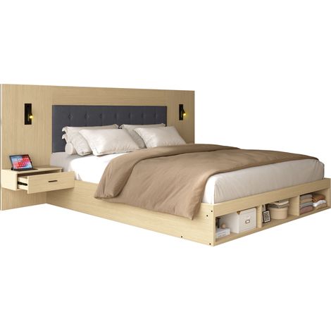 Lit Double 160x200 Chêne Clair avec Rangement, Tables de Chevet, Prise USB/Type-C et Liseuse (1/5)