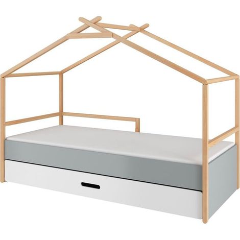 Lit cabane 90x200 sommier et tiroir inclus Bellamy Teepee Gris et blanc (1/5)