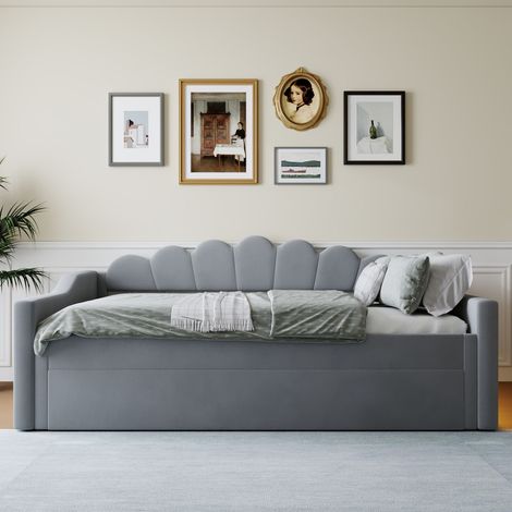 Canapé-lit rembourré 140x200 cm avec bande LED escamotable, gris, lit de jour intégré (1/4)