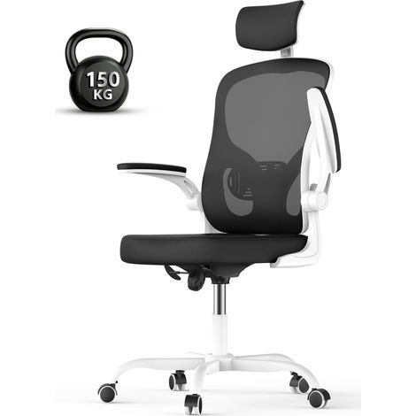 Chaise de bureau ergonomique blanc - Hauteur réglable 10 cm - Inclinaison 90-120° - accoudoirs rabattables à 90° - Avec appui-tête 2D - charge 150KG