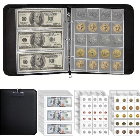 Album Para Monedas - Resistente Al Fuego - 400 Espacios Para Monedas Hasta 45 Mm - 36 Fundas Para Billetes - Cierre De Contraseña - Asa Portátil (1/5)