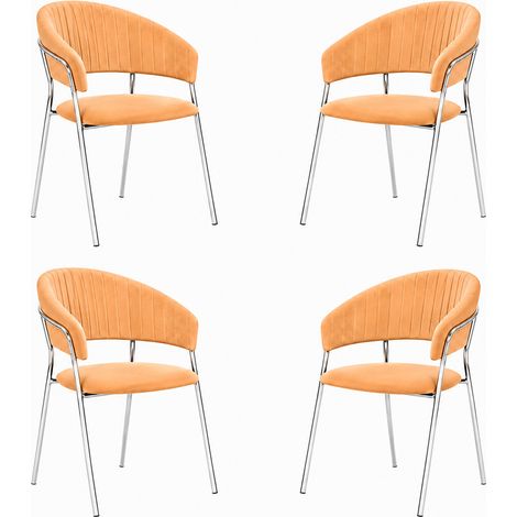 Chaises de salle à manger Aurelia en velours orange (lot de 4) avec pieds en fer chromé (1/5)