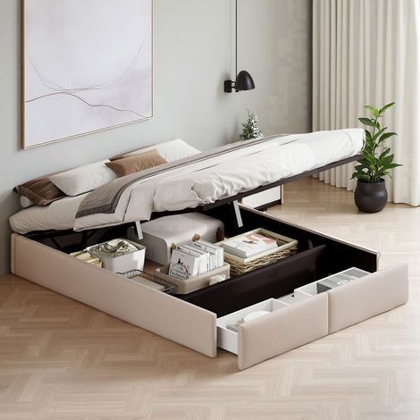 Bett 140x190 cm - ORWX06 - Hydraulisch - Mit Schubladen - Moderner Stil beige Leinen